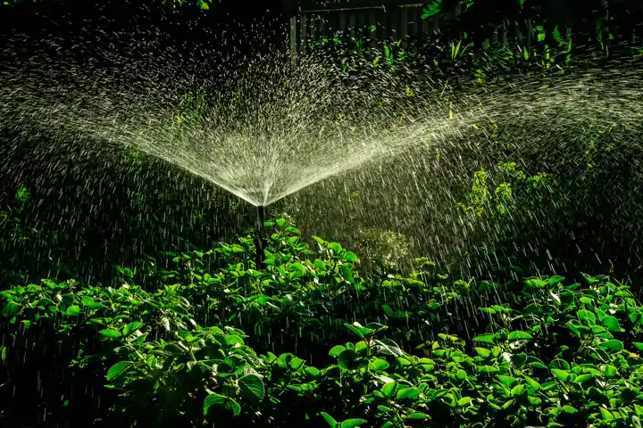 Garden sprinkler throwing arcs of water over green plants